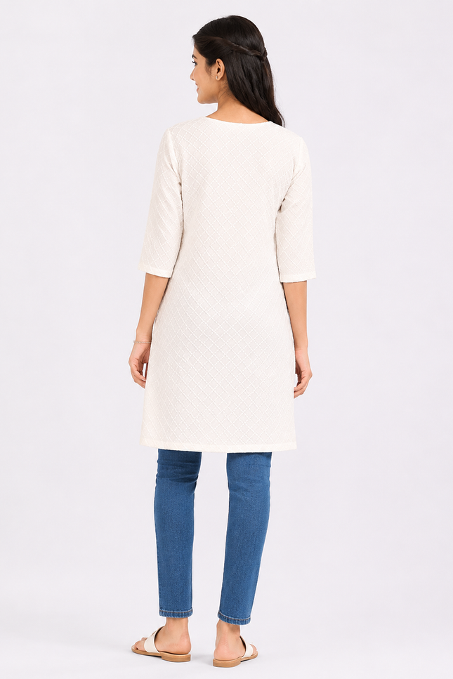 Girls White Textured Straight Kurti