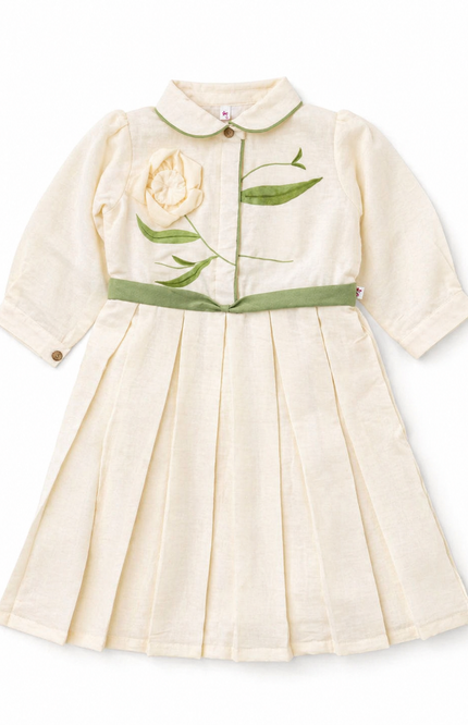 Elegant Cream Kids Dress with Green Waist Bow