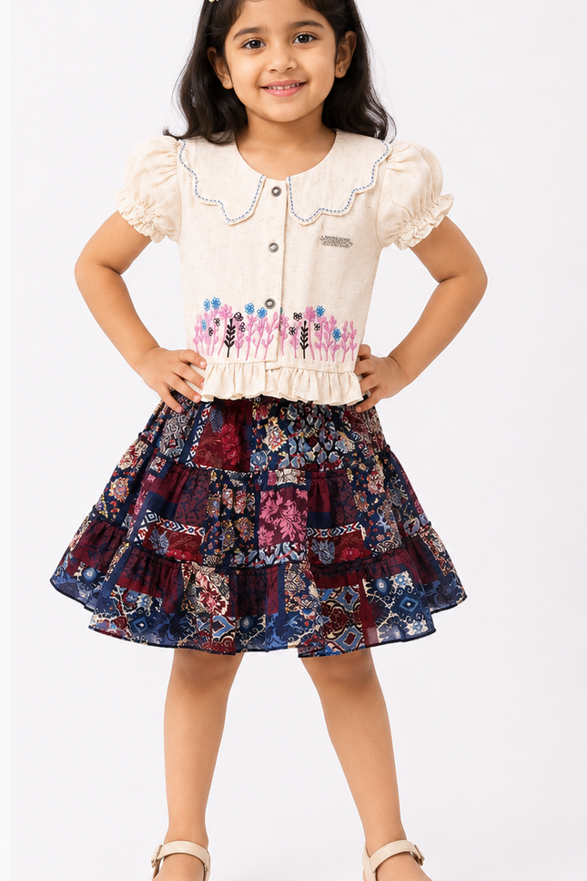 Elegant Girls Cotton Top & Printed Layered Skirt Set