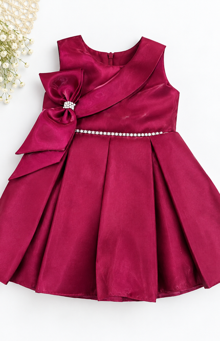 Wine Satin Bow Party Frock for Baby Girls