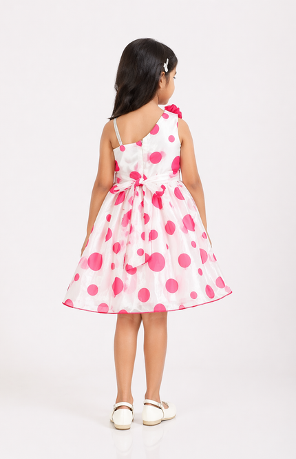 Girls White & Pink Polka Dot One-Shoulder Party Dress