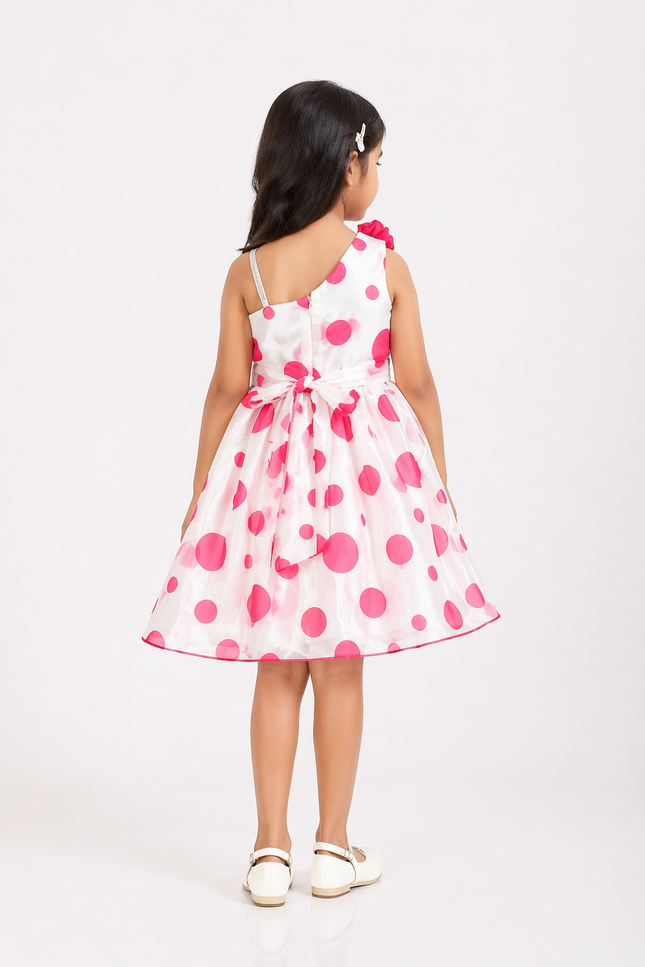 Girls White & Pink Polka Dot One-Shoulder Party Dress