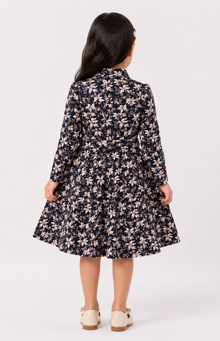 Girls Floral Print Full Sleeve Fit & Flare Dress