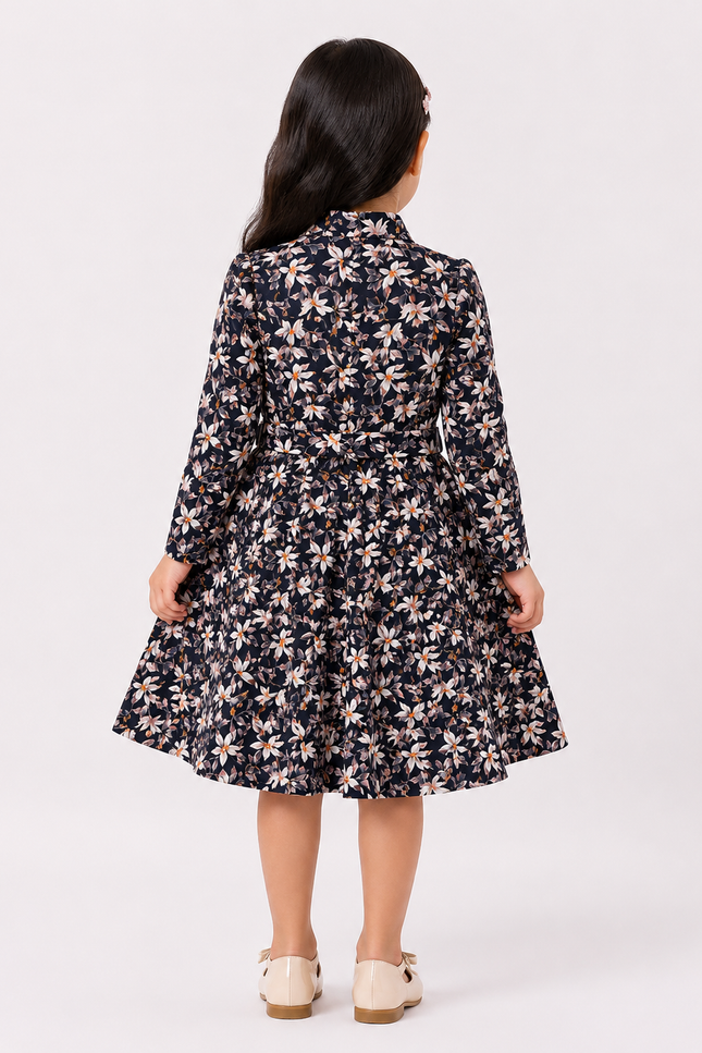 Girls Floral Print Full Sleeve Fit & Flare Dress