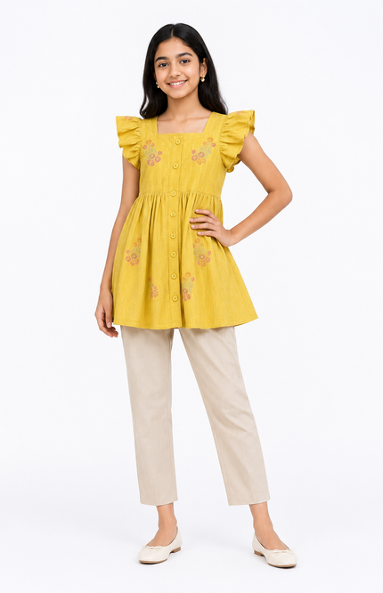 Green Floral Embroidered Flutter-Sleeve Girls’ top