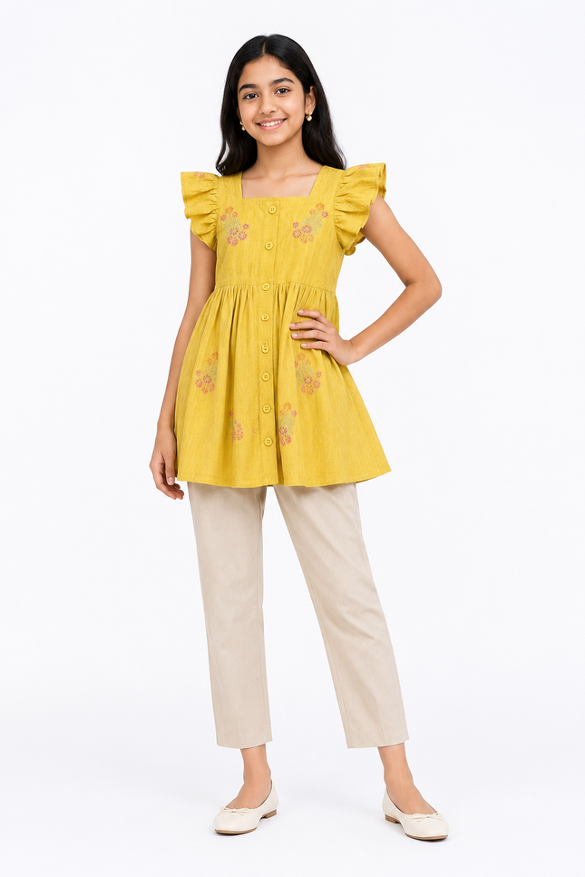 Green Floral Embroidered Flutter-Sleeve Girls’ top
