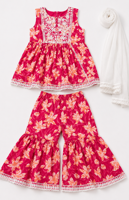 Pink Floral Sharara Set with Dupatta for Girls