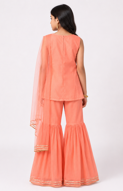 Peach Flared Sharara Set with Dupatta for Girls