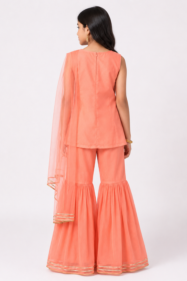 Peach Flared Sharara Set with Dupatta for Girls