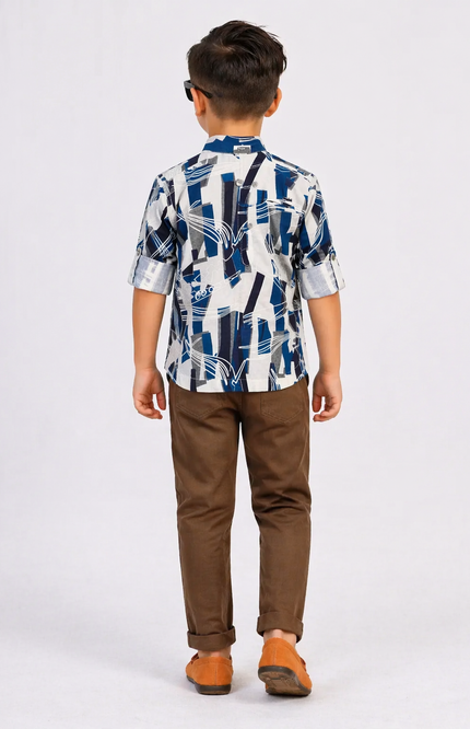 Boys' Blue & Grey Abstract Print Shirt and Slim-Fit Brown Trousers