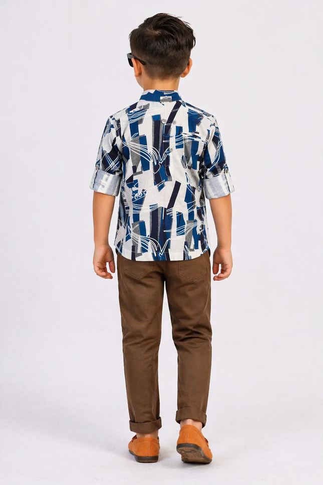 Boys' Blue & Grey Abstract Print Shirt and Slim-Fit Brown Trousers