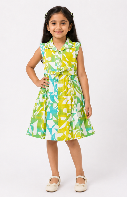 Geometric Print Sleeveless Shirt Dress with Belt