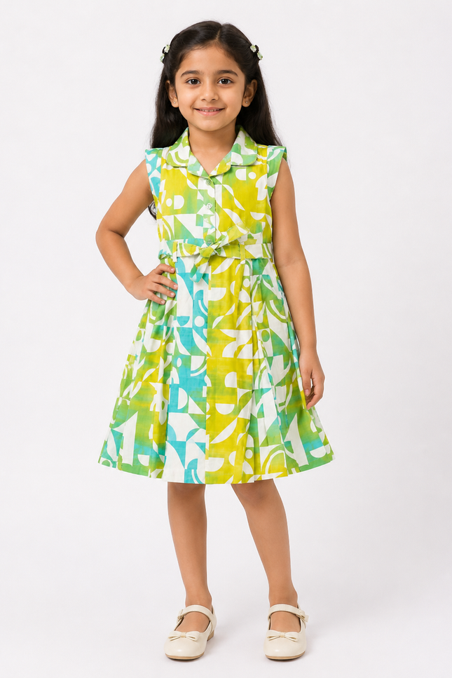 Geometric Print Sleeveless Shirt Dress with Belt