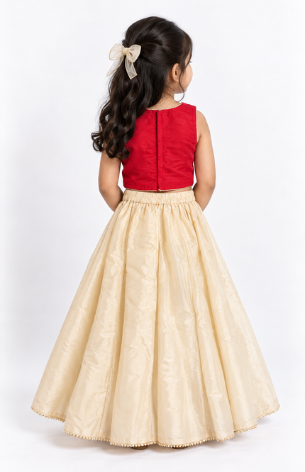 Red & Cream Festive Embroidered Lehenga Set for Girls