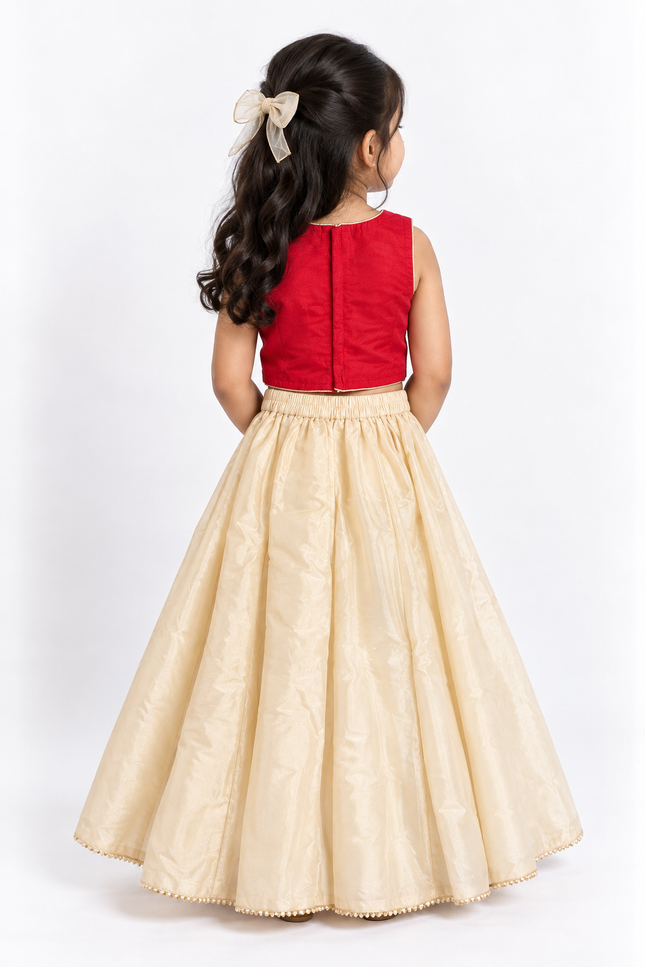 Red & Cream Festive Embroidered Lehenga Set for Girls