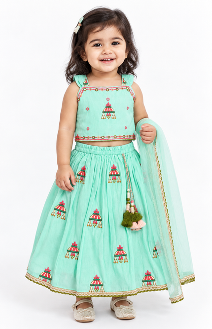 Mint Green Embroidered Lehenga Choli Set with Dupatta for Girls