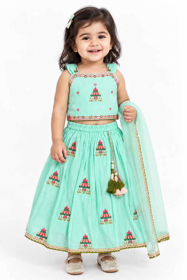 Mint Green Embroidered Lehenga Choli Set with Dupatta for Girls