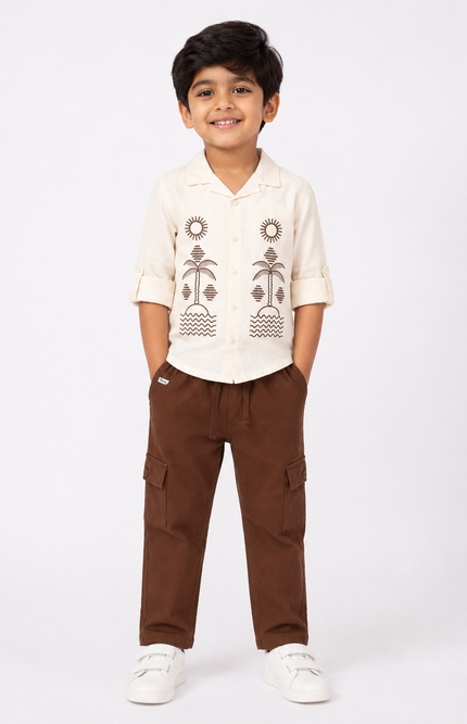 Cream Printed Shirt & Brown Cargo Pants