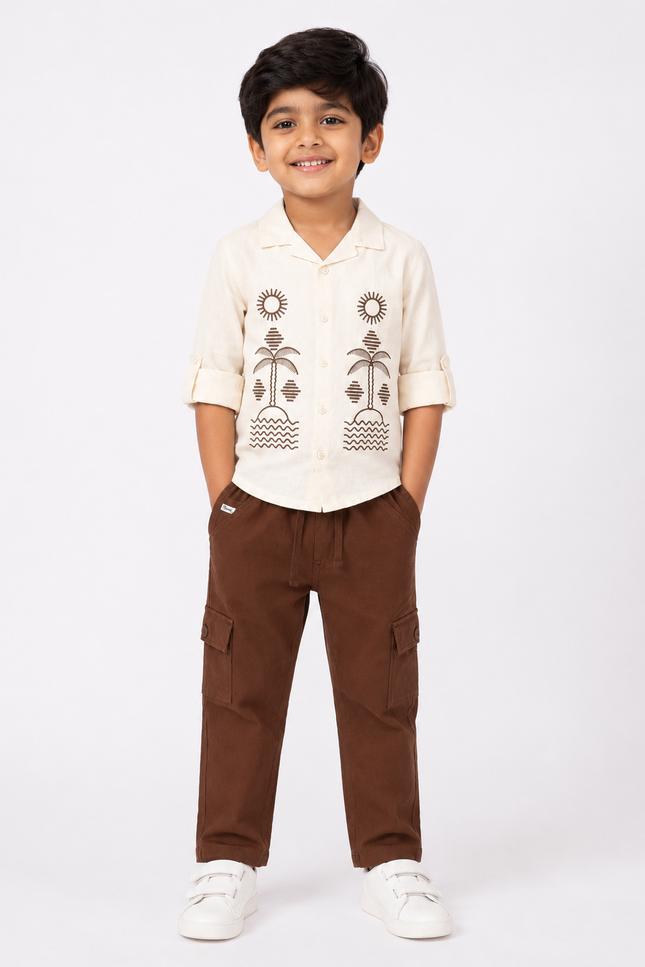 Cream Printed Shirt & Brown Cargo Pants