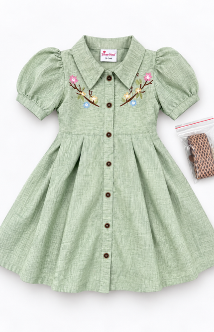 Girls’ Green Embroidered Shirt Dress with Braided Belt