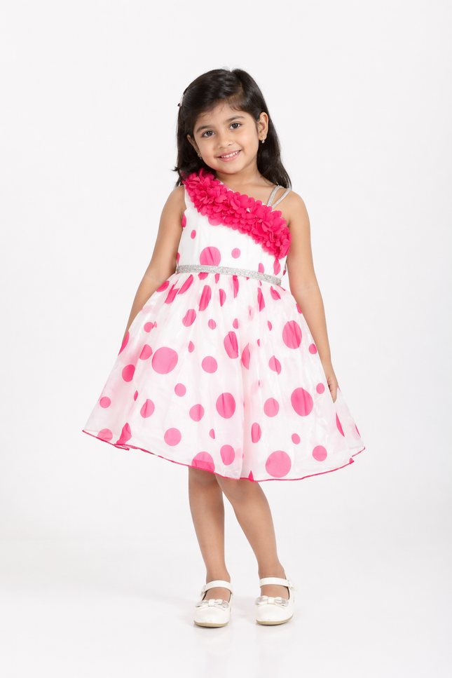 Girls White & Pink Polka Dot One-Shoulder Party Dress