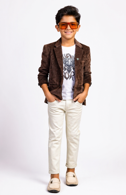 Boys' 3-Piece Velvet Blazer Set | Formal Suit with Graphic Tee & Chinos