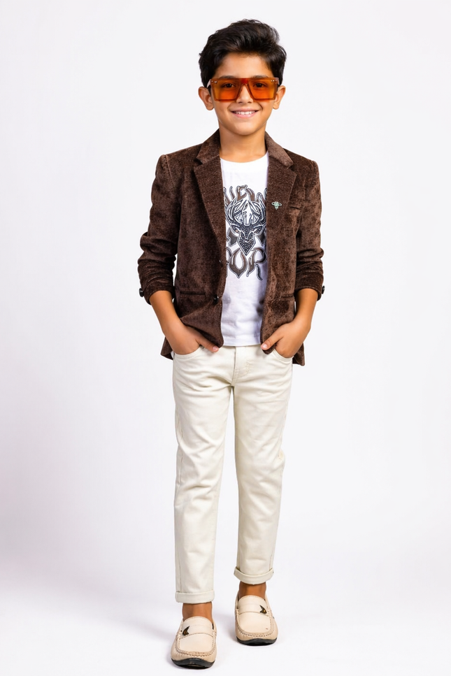 Boys' 3-Piece Velvet Blazer Set | Formal Suit with Graphic Tee & Chinos