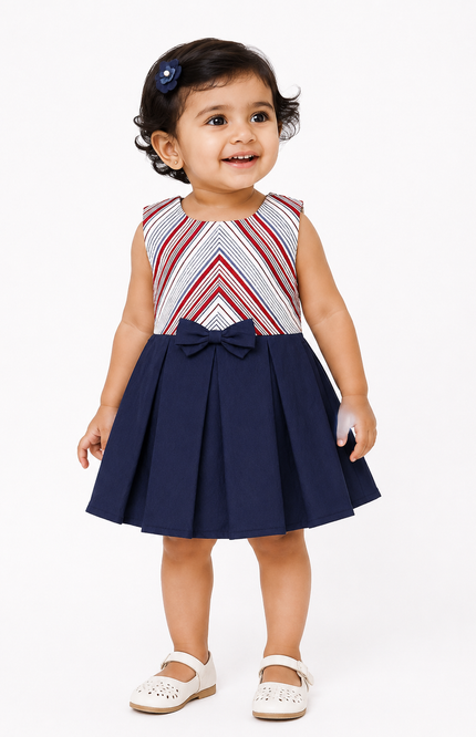 Stripe Dress with Navy Pleated Skirt