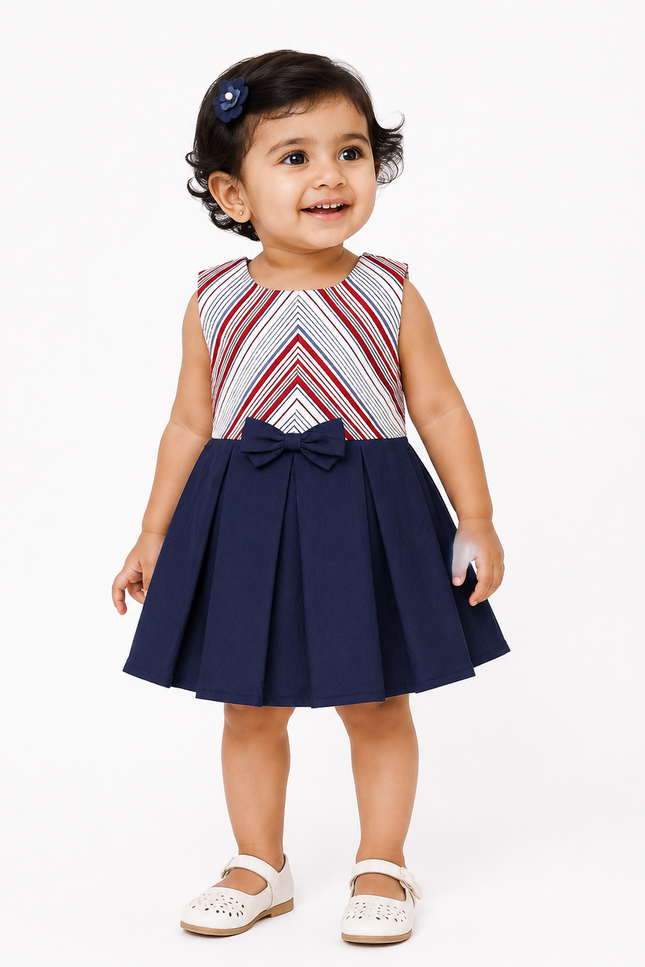 Stripe Dress with Navy Pleated Skirt