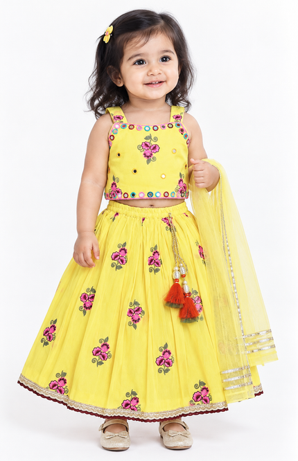Girls Yellow Floral Lehenga Choli Set with Dupatta