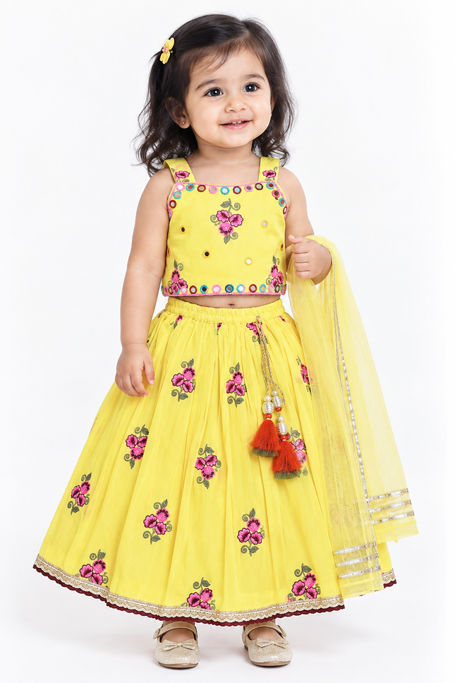 Girls Yellow Floral Lehenga Choli Set with Dupatta