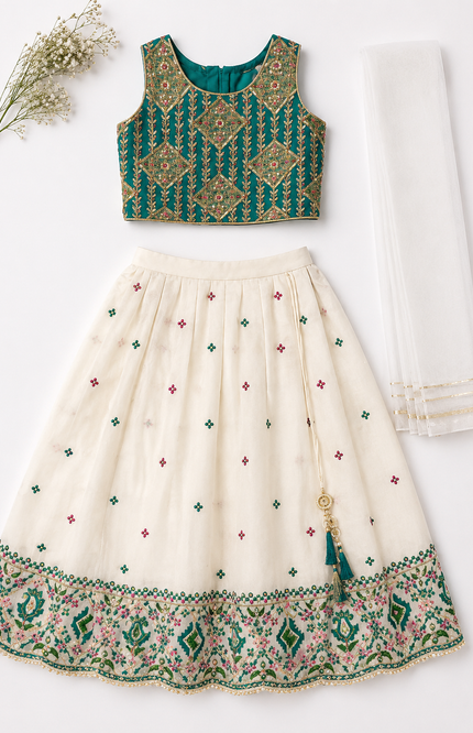Emerald Festive Kids Lehenga Set with Embroidered Blouse & Dupatta
