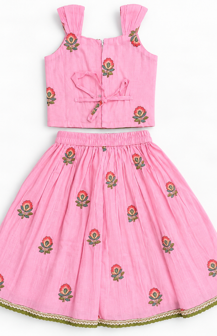 Girls Pink Floral Lehenga Choli Set with Dupatta