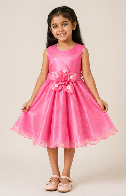 Kids Pink Princess Party Gown with Statement Flower Appliqué