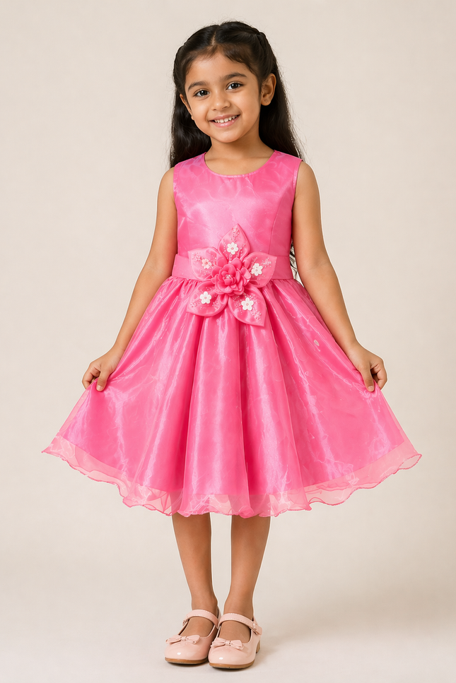 Kids Pink Princess Party Gown with Statement Flower Appliqué