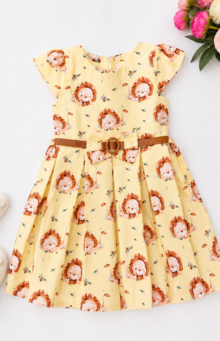 Cute Lion Print Girls Fit & Flare Dress with Belt