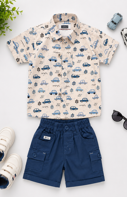 Car Print Shirt & Cargo Shorts Set with Graphic Sleeveless Tee