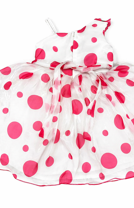 Girls White & Pink Polka Dot One-Shoulder Party Dress