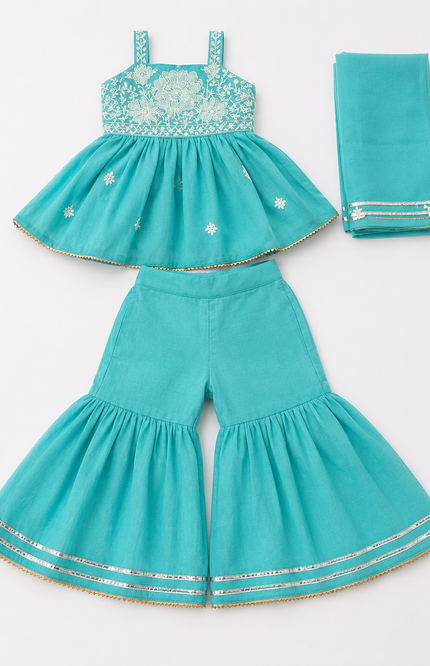 Peplum Top & Sharara Set with Dupatta for Girls