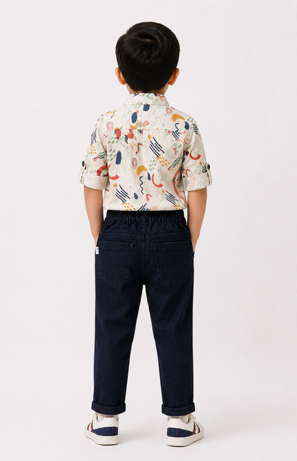 Abstract Printed Shirt with Dark Denim Pants Set
