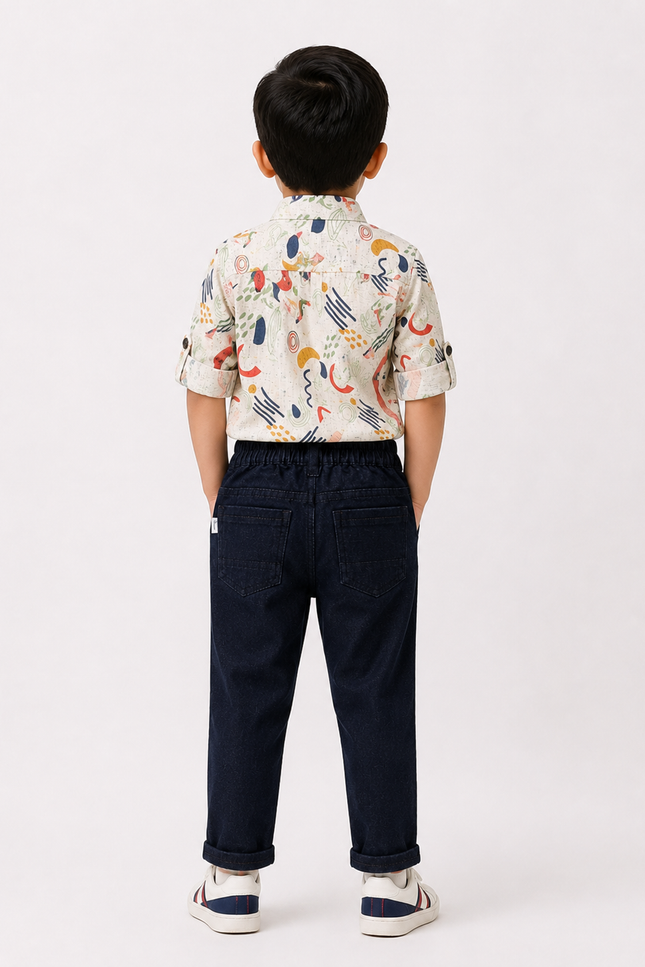 Abstract Printed Shirt with Dark Denim Pants Set