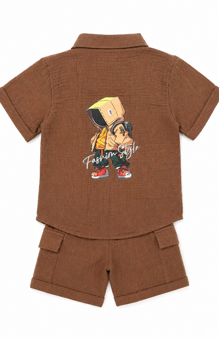 Boys Brown Graphic Shirt & Cargo Shorts Set