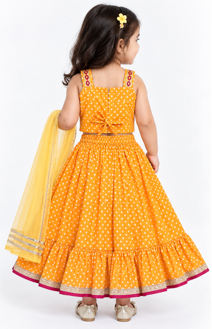 Girls Yellow Polka Dot Printed Lehenga Choli Set with Dupatta