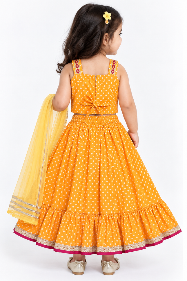 Girls Yellow Polka Dot Printed Lehenga Choli Set with Dupatta