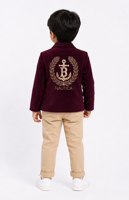Boys Premium Velvet Blazer Set with Graphic Tee & Beige Pants