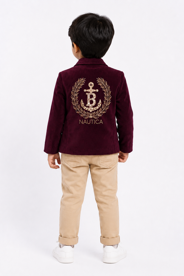 Boys Premium Velvet Blazer Set with Graphic Tee & Beige Pants