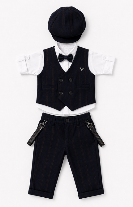 Formal Pinstripe Waistcoat Set with Shirt, Bow Tie & Cap