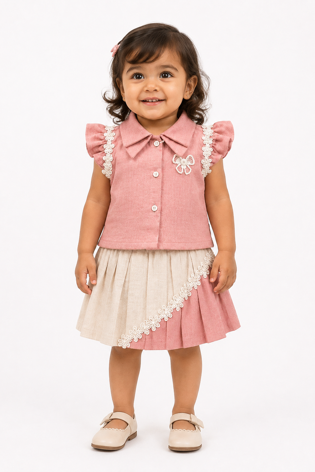 Peach Floral Lace Top & Pleated Skirt Set