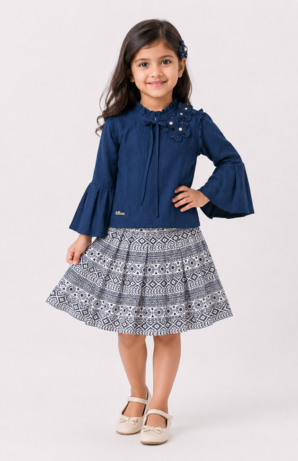 Navy Blue Top & Printed Flared Skirt Set for Girls