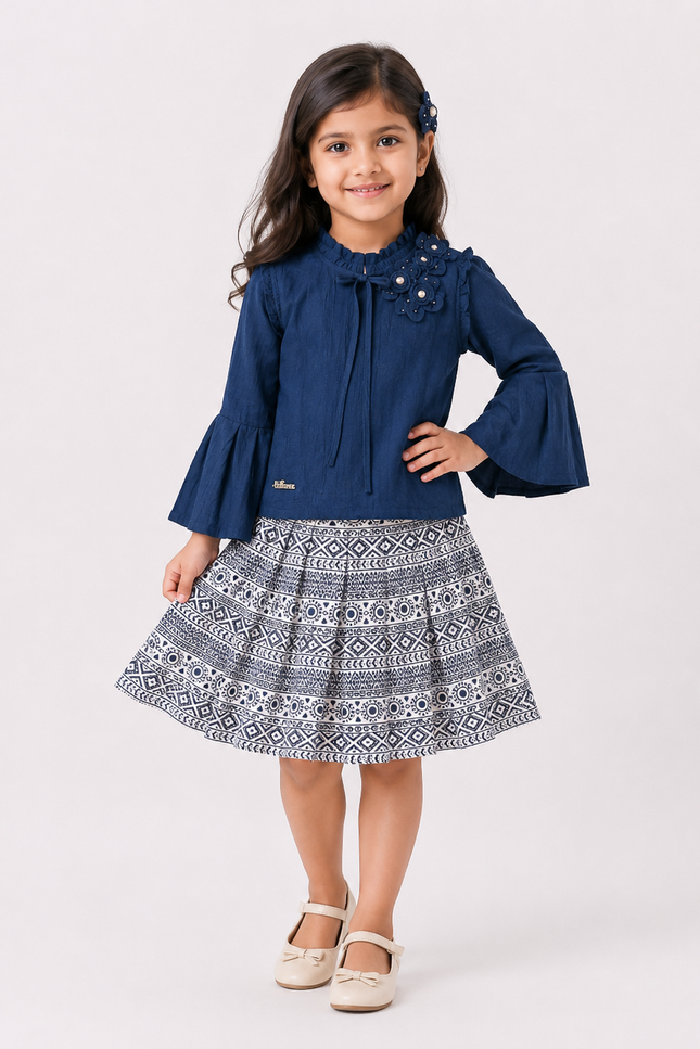 Navy Blue Top & Printed Flared Skirt Set for Girls